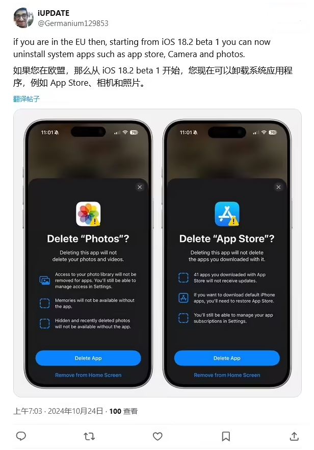 涧西苹果手机维修分享iOS 18.2 支持删除 App Store 应用商店 