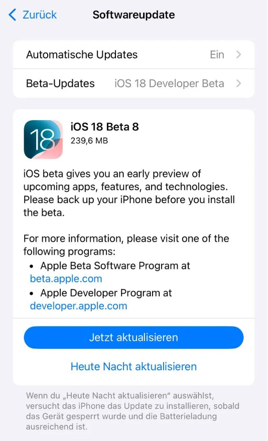 涧西苹果手机维修分享苹果 iOS / iPadOS 18 开发者预览版 Beta 8 发布 